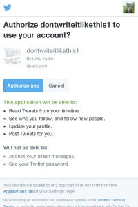 Figure 2: The “Authorize app” screen. In this example I’ve used my own Twitter handle and a made-up app I’ve registered with Twitter.